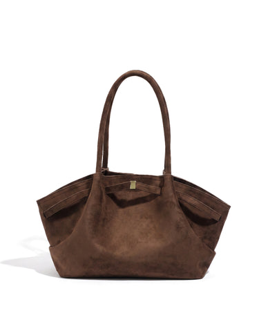 The Odette Suede Tote in brown, front view on a pure white studio background with soft shadow
