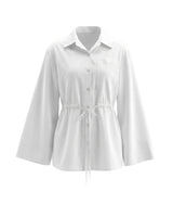 The Palma Cotton Button Up in white — collared drawstring-waist cotton shirt, product flat-lay