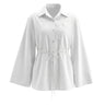 The Palma Cotton Button Up in white — collared drawstring-waist cotton shirt, product flat-lay