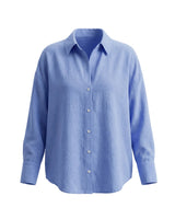 Blue poplin shirt with a point collar and curved hem, flat lay on white – Moriel Heritage