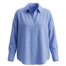 Blue poplin shirt with a point collar and curved hem, flat lay on white – Moriel Heritage