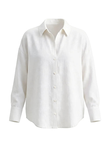 White poplin shirt with a point collar and curved hem, flat lay on white – Moriel Heritage