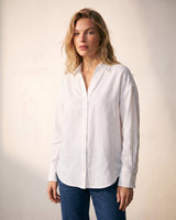 Model wearing the white poplin shirt with dark jeans, front view – Moriel Heritage