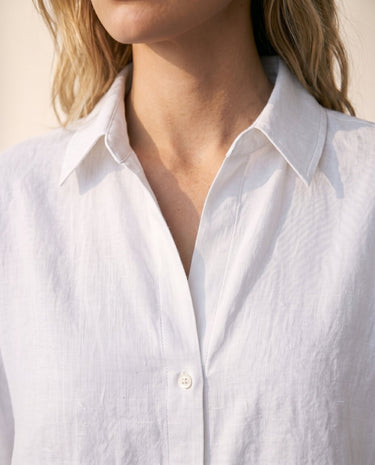 Close-up of the white shirt's point collar and top button – Moriel Heritage