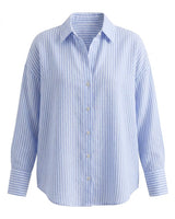 Blue and white striped poplin shirt with a point collar, flat lay on white – Moriel Heritage