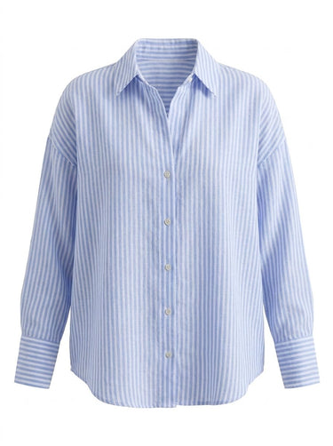 Blue and white striped poplin shirt with a point collar, flat lay on white – Moriel Heritage