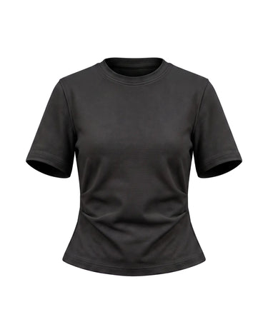 The Riela Tee in black — slim short-sleeve round-neck tee with waist-cinching pleat detail, product flat-lay