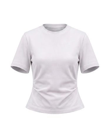 The Riela Tee in white — slim short-sleeve round-neck tee with waist-cinching pleat detail, product flat-lay