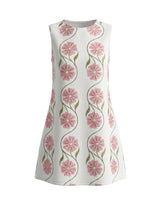 The Rosalie Floral Dress in pink — sleeveless A-line floral mini dress with round neckline, product flat-lay