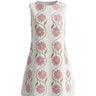 The Rosalie Floral Dress in pink — sleeveless A-line floral mini dress with round neckline, product flat-lay