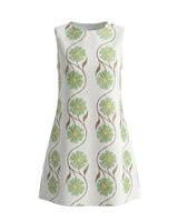 The Rosalie Floral Dress in green — sleeveless A-line floral mini dress with round neckline, product flat-lay