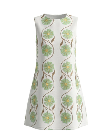 The Rosalie Floral Dress in green — sleeveless A-line floral mini dress with round neckline, product flat-lay