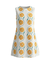 The Rosalie Floral Dress in yellow — sleeveless A-line floral mini dress with round neckline, product flat-lay