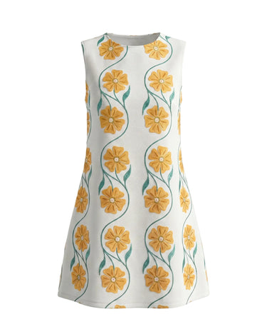 The Rosalie Floral Dress in yellow — sleeveless A-line floral mini dress with round neckline, product flat-lay