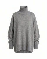 The Ruby sweater in stone — relaxed turtleneck knit sweater, product flat-lay