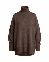The Ruby sweater in dark brown — relaxed turtleneck knit sweater, product flat-lay