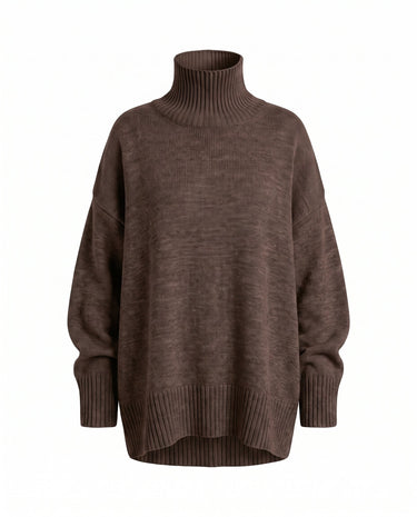 The Ruby sweater in dark brown — relaxed turtleneck knit sweater, product flat-lay