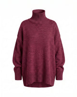 The Ruby sweater in burgundy — relaxed turtleneck knit sweater, product flat-lay