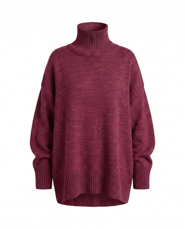 The Ruby sweater in burgundy — relaxed turtleneck knit sweater, product flat-lay