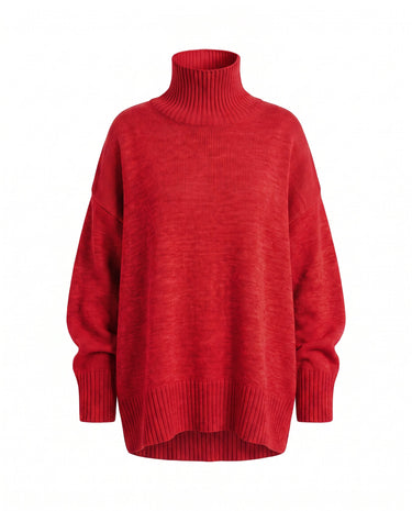 The Ruby sweater in red — relaxed turtleneck knit sweater, product flat-lay