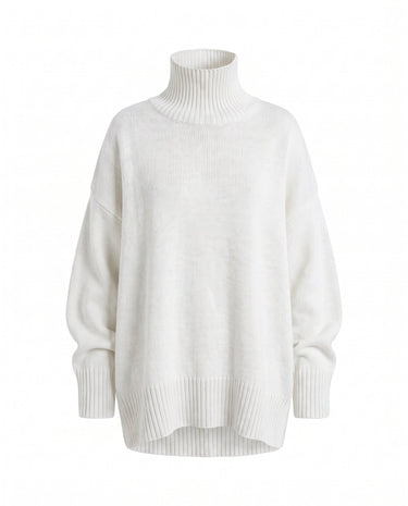 The Ruby sweater in white — relaxed turtleneck knit sweater, product flat-lay