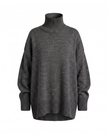 The Ruby sweater in dark gray — relaxed turtleneck knit sweater, product flat-lay