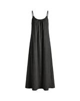 The Rylie Dress in black — open-back gathered maxi dress with thin straps, product front view