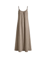The Rylie Dress in taupe mocha — open-back gathered maxi dress with thin straps, product front view