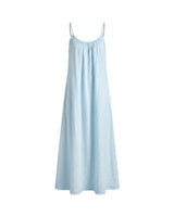 The Rylie Dress in sky blue — open-back gathered maxi dress with thin straps, product front view