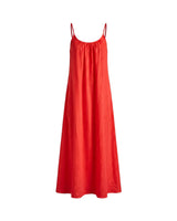 The Rylie Dress in red — open-back gathered maxi dress with thin straps, product front view