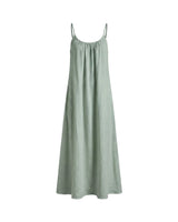 The Rylie Dress in sage green — open-back gathered maxi dress with thin straps, product front view