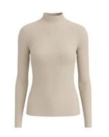 The Sable mock neck top in beige — slim ribbed mock-neck long-sleeve knit top, product flat-lay