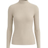 The Sable mock neck top in beige — slim ribbed mock-neck long-sleeve knit top, product flat-lay