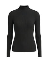 The Sable mock neck top in black — slim ribbed mock-neck long-sleeve knit top, product flat-lay