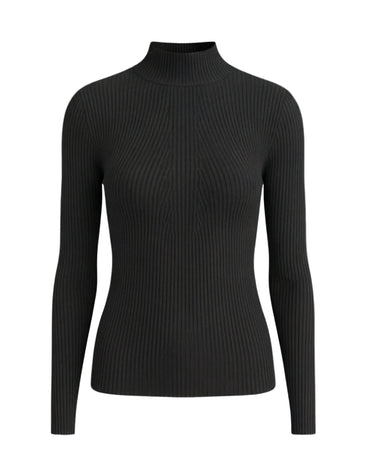 The Sable mock neck top in black — slim ribbed mock-neck long-sleeve knit top, product flat-lay