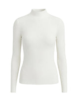 The Sable mock neck top in white — slim ribbed mock-neck long-sleeve knit top, product flat-lay