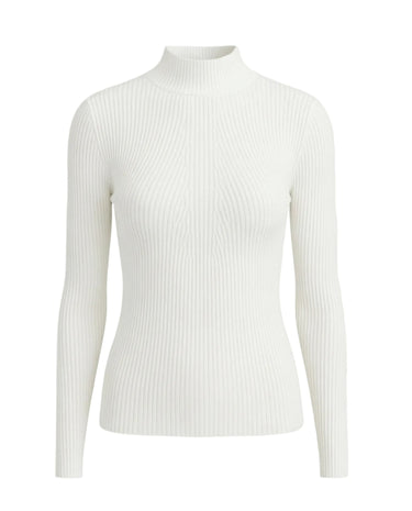 The Sable mock neck top in white — slim ribbed mock-neck long-sleeve knit top, product flat-lay