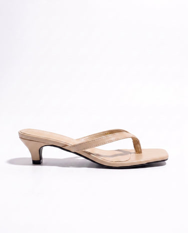 The Saskia thong sandal in khaki, kitten-heel style — side profile view