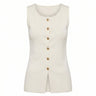 White longline sleeveless vest with gold buttons and a front hem split, flat lay on white – Moriel Heritage