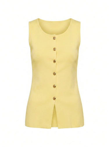 Yellow longline sleeveless vest with gold buttons, flat lay on white – Moriel Heritage