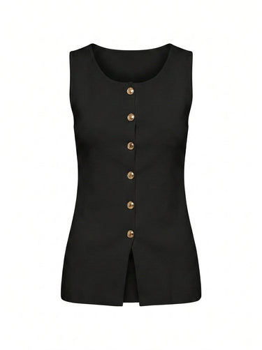Black longline sleeveless vest with gold buttons, flat lay on white – Moriel Heritage