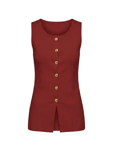 Wine red longline sleeveless vest with gold buttons, flat lay on white – Moriel Heritage