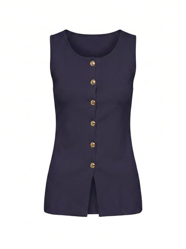 Navy longline sleeveless vest with gold buttons, flat lay on white – Moriel Heritage