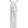 The Seraphine Cotton Set in white — flutter-sleeve tiered top and wide-leg trousers two-piece set, product flat-lay