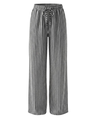 The Seville Stripe Drawstring Pant in black stripe — wide-leg drawstring striped trousers, product flat-lay