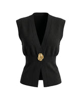 The Solara Gold Button Vest in black — sleeveless knit vest with deep V neck and gold button, product flat-lay