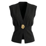 The Solara Gold Button Vest in black — sleeveless knit vest with deep V neck and gold button, product flat-lay