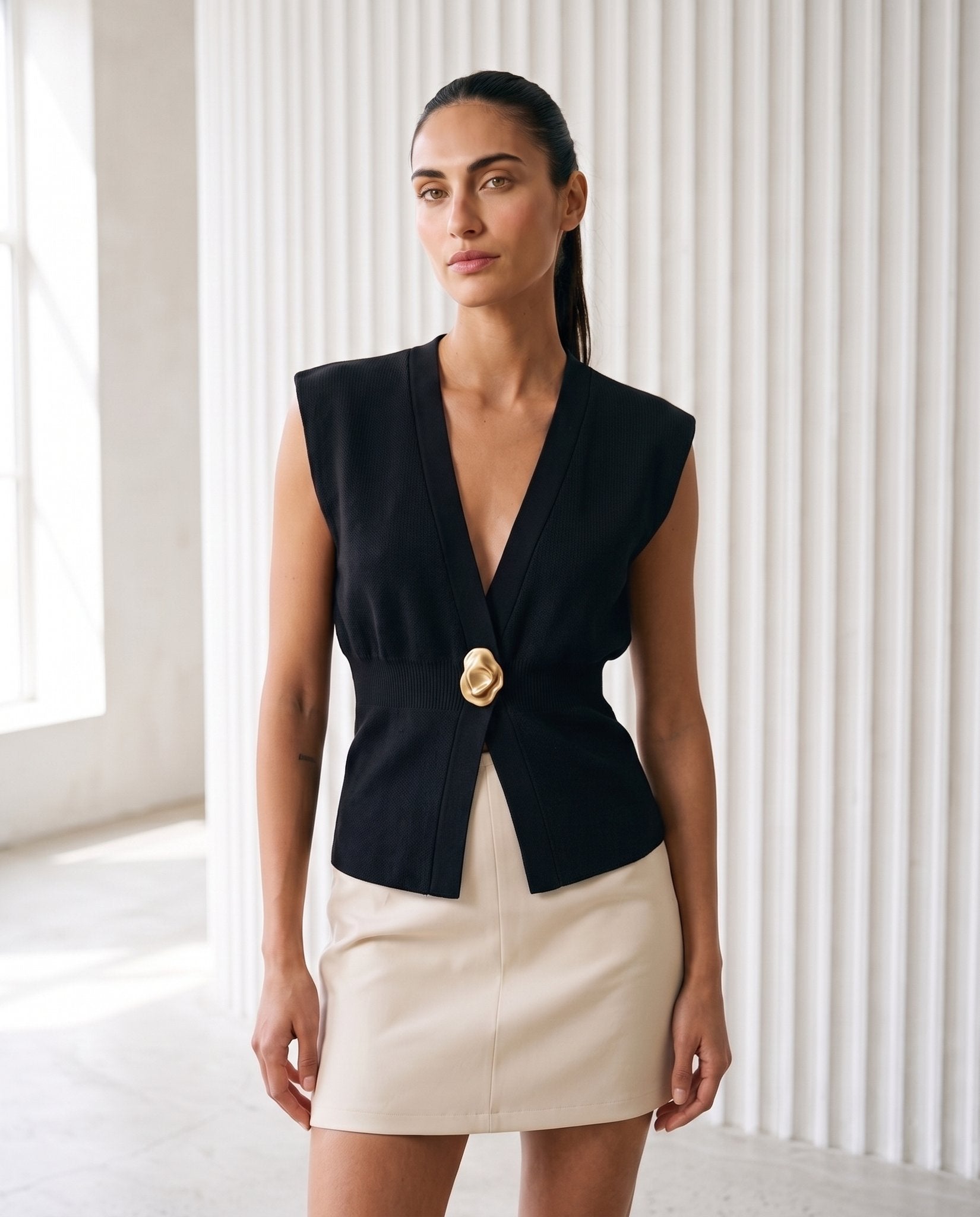 Solara Gold Button Vest | Sleeveless Knit Vest – Moriel Heritage