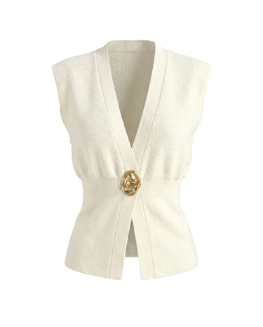The Solara Gold Button Vest in off white — sleeveless knit vest with deep V neck and gold button, product flat-lay