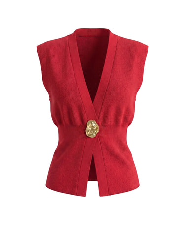 The Solara Gold Button Vest in red — sleeveless knit vest with deep V neck and gold button, product flat-lay